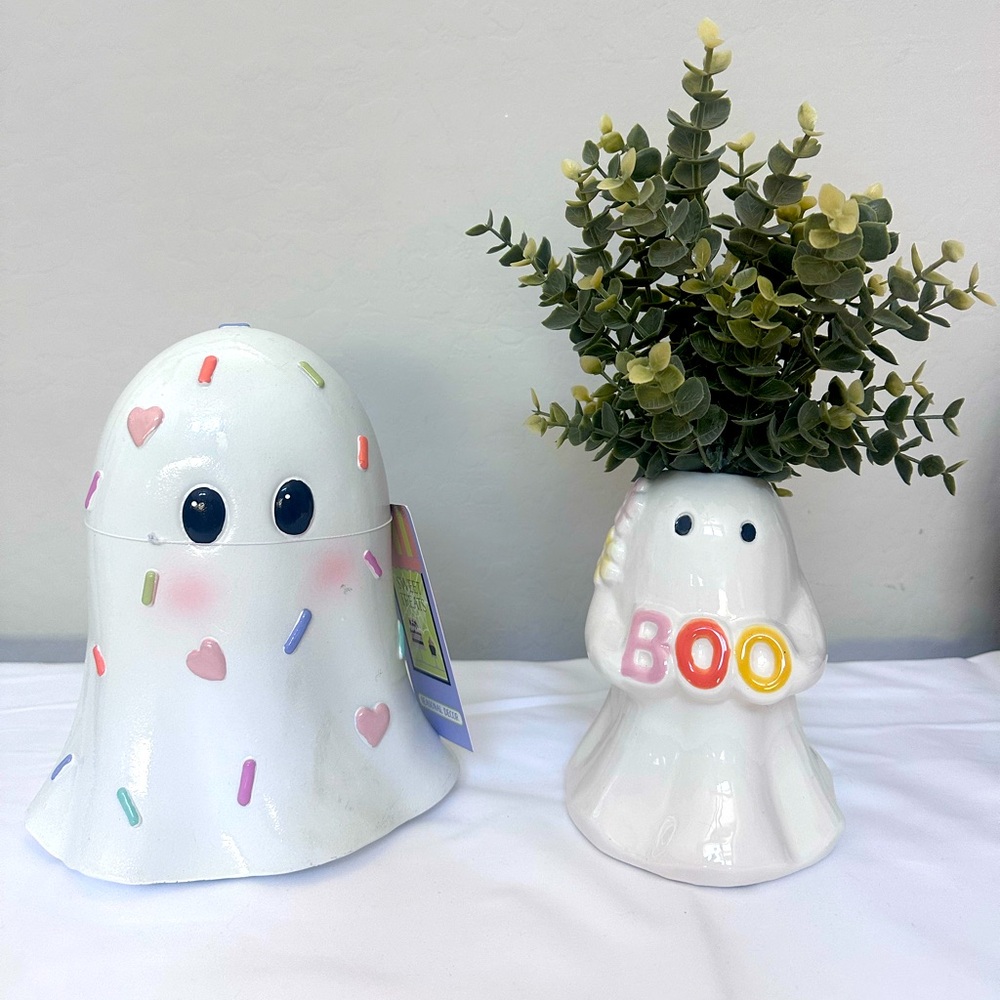 Summerween VIRAL Sweet Treats Sprinkle Ghost & Ghost Vase w/Faux Greenery Plant
